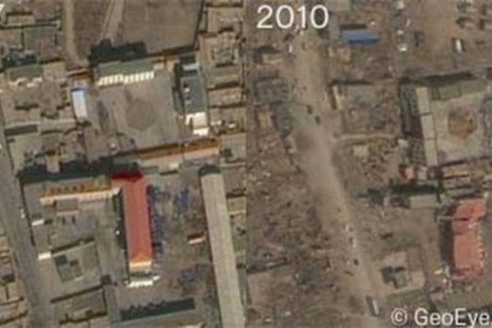 Montagem compara área da cidade em 2007 e em 2010, logo após o terremoto (.)