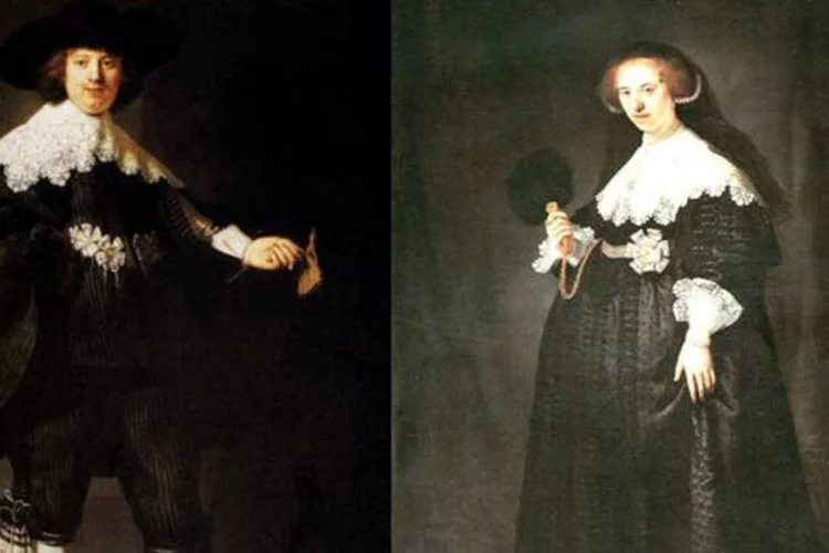 
	Retratos do pintor holand&ecirc;s Rembrandt: quadros, retratos de Marlen Soolmans e sua esposa, Oopjen Coppit, realizados antes de seu casamento, foram pintados em 1634
 (WikiArt)