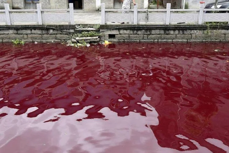 Susto: homem olha para o rio avermelhado em Cangnan, província na China (REUTERS)