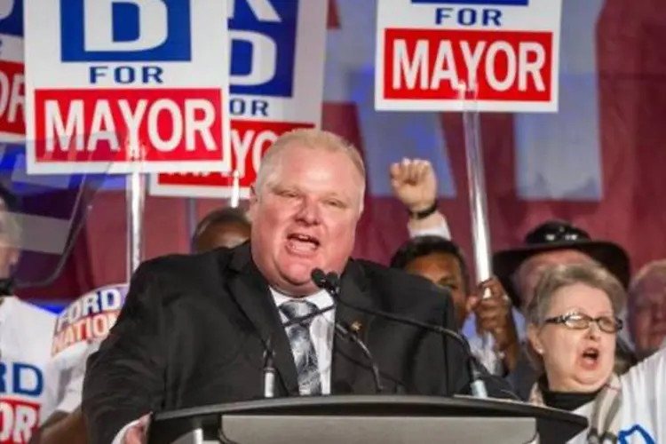 
	O prefeito da cidade canadense de Toronto, Rob Ford, &eacute; visto em 17 de abril de 2014, durante lan&ccedil;amento de sua campanha eleitoral
 (GEOFF ROBINS/AFP)