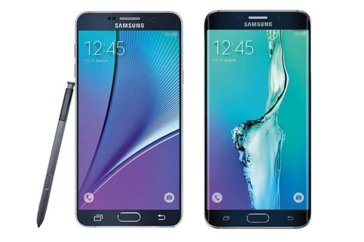 
	Imagem mostra o que seriam os novos smartphones Galaxy Note 5 e Galaxy S6 Edge Plus, da Samsung
 (Reprodução/Twitter)