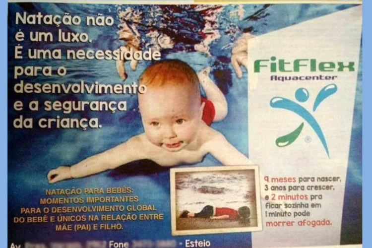 Anúncio de escola de natação em Esteio: recebeu críticas por usar fotografia de menino sírio afogado (Reprodução)