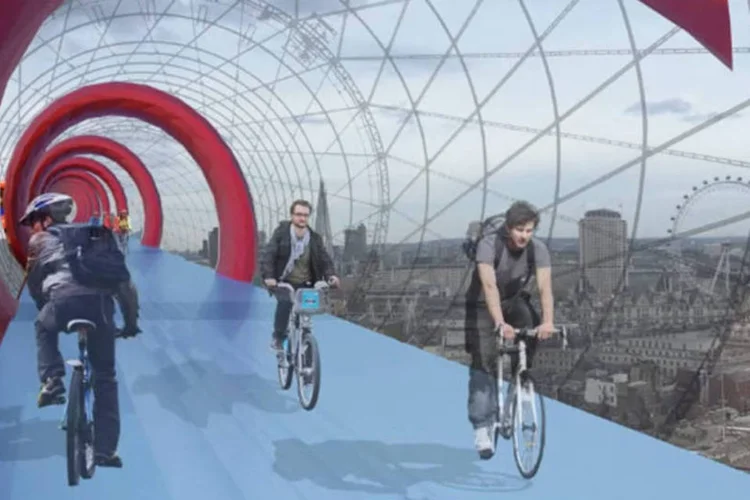 Projeto de ciclovia suspensa SkY Cycle, da firma Exterior Architecture (Reprodução / You Tube)