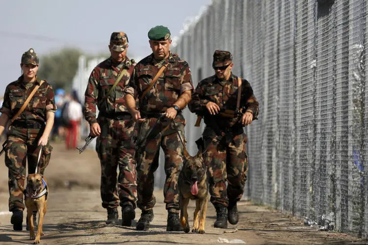 
	Soldados h&uacute;ngaros patrulham fronteira: no dia 16, um grupo de refugiados que ficou retido na fronteira, entrou em conflito com a pol&iacute;cia. O detido estava entre eles
 (Reuters / Dado Ruvic)