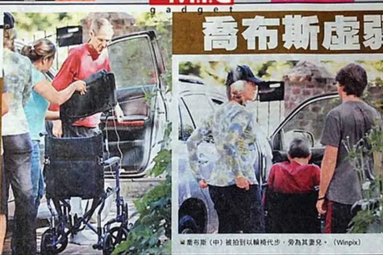Nas fotos no jornal Oriental Daily, um suposto Steve Jobs é acompanhado por uma mulher identificada como sua esposa e por uma rapaz descrito como seu filho (Reprodução / MIC Gadget / Oriental Daily)