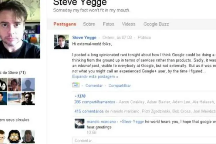 Inicialmente, Yegge pretendia compartilhá-lo apenas com seu círculo de contatos do Google. Porém, a mensagem vazou para todos os seus 6 900 seguidores (Reprodução)