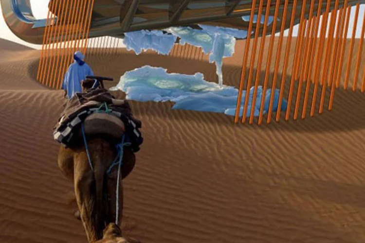 Projeto doholandês Ap Verheggen, folha gigante vai funcionar como máquina de gelo em pleno deserto e será alimentada pela energia do sol (SunGlacier)