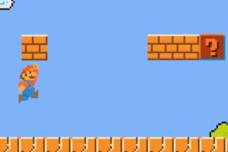 Super Mario: um Mario e um Luigi mais “realistas”, digamos assim, tentam tirar uma moeda de um clássico bloco laranja e o resultado é desastroso (Reprodução)