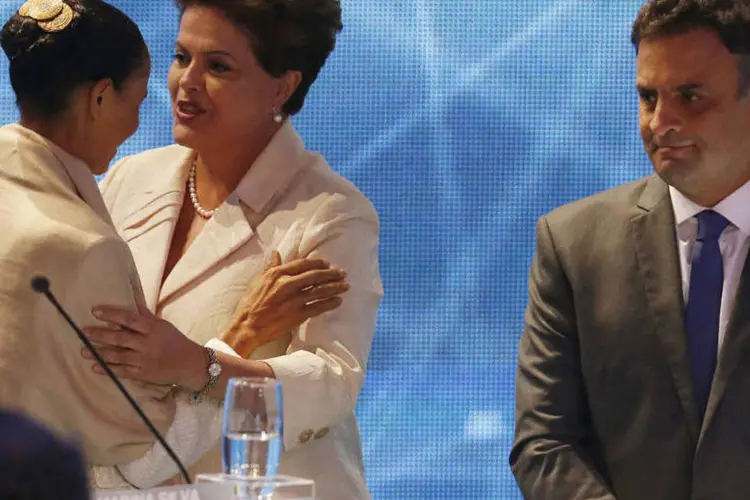 
	Marina Silva, Dilma Rousseff e A&eacute;cio Neves em debate da Band
 (REUTERS/Paulo Whitaker)