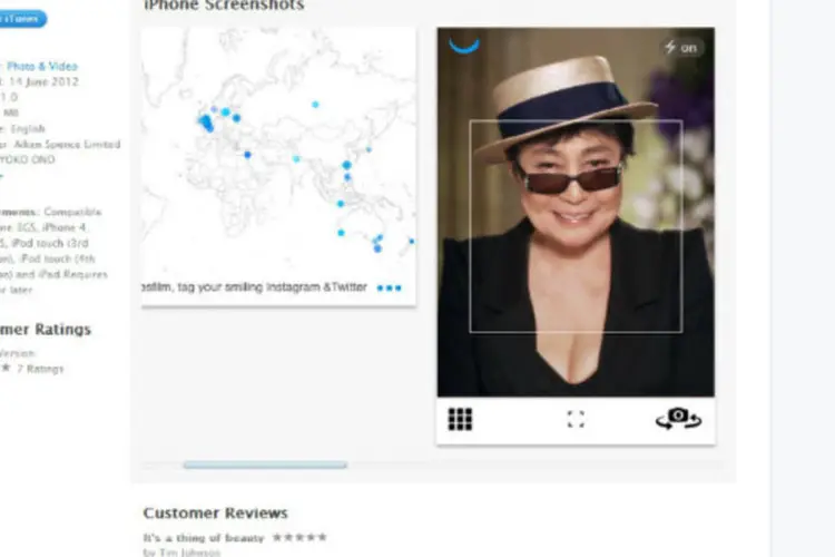 Tela do Smilesfilm, aplicativo da Yoko Ono: desde 1º de junho, mais de 3.300 fotos foram agregadas ao aplicativo (Reprodução)