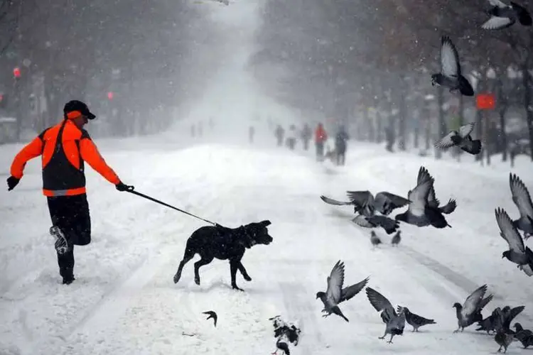 
	Homem corre com seu cachorro durante tempestade em Washington: pequenos grupos de pessoas se aventuravam fora de casa
 (REUTERS/Carlos Barria)