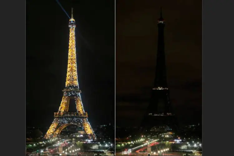 Torre Eiffel em Paris, antes e depois do apagão pela Hora do Planeta (Jacques Demarthon/AFP)