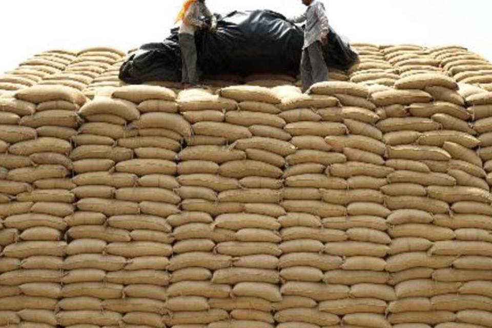 Trabalhadores indianos em armazém de trigo nos arredores de Amritsar: Índia e Estados Unidos resolveram divergências sobre subsídios agrícolas (Narinder Nanu/AFP)