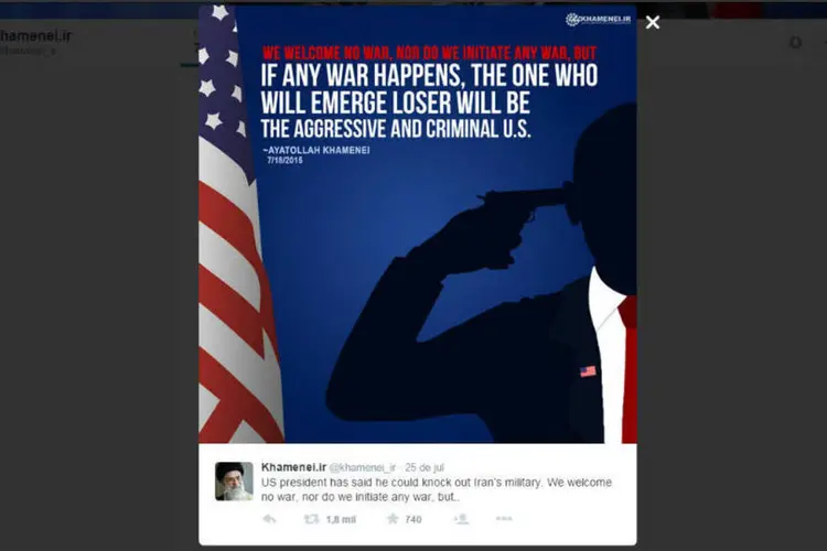 Tuíte do aiatolá Ali Khamenei: imagem que parece mostrar a silhueta de Barack Obamao criticou uma frase em tese dita pelo presidente dos EUA (Reprodução/EXAME.com)