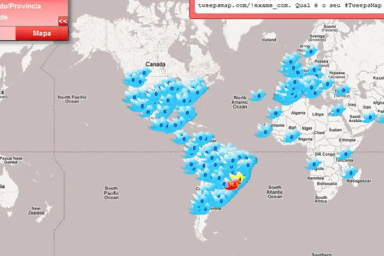 Mapa interativo, gerado pelo aplicativo TweepsMap, com os dados do perfil de Exame.com no Twitter  (TweepsMap/Exame.com)