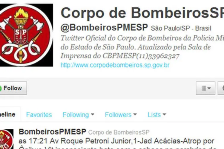 A conta dos bombeiros de São Paulo tem mais de 1500 seguidores no Twitter  (Reprodução)
