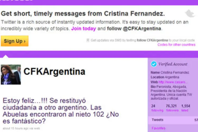 Twitter da presidente argentina, Cristina Kirchner: Justiça eleitoral da Argentina vem acompanhando com maior atenção o uso da internet (Reprodução)