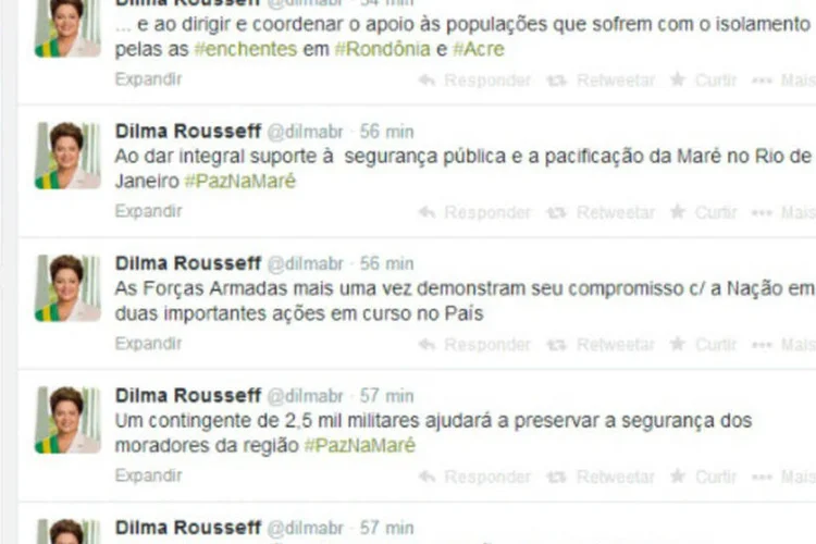 
	Twitter da presidente: por meio de sua conta pessoal, Dilma lembrou que as For&ccedil;as Armadas v&atilde;o atuar com a Pol&iacute;cia Militar do Rio de Janeiro, a partir de amanh&atilde;, na pacifica&ccedil;&atilde;o da Mar&eacute;
 (Reprodução/Twitter/dilmabr)