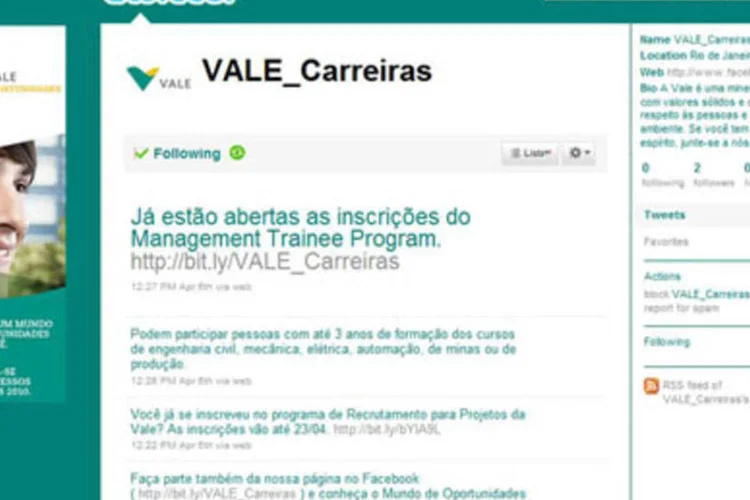 Seis dias depois da criação, perfil da Vale no Twitter tem mais de 600 seguidores  (.)