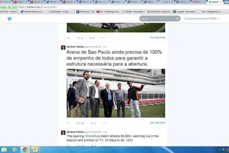 
	Twitter de&nbsp;J&eacute;r&ocirc;me&nbsp;Valcke: Valcke fez estas declara&ccedil;&otilde;es no Twitter ap&oacute;s visitar as instala&ccedil;&otilde;es da Arena Corinthians
 (Reprodução/Twitter/jeromevalcke)
