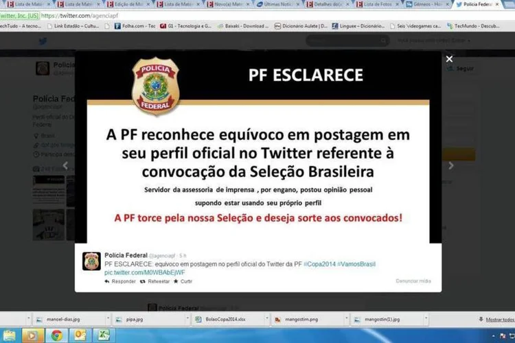 
	Post no perfil do Twitter da PF: Para tentar minimizar a&nbsp;&quot;cornetada&quot;&nbsp;do servidor, o novo tweet veio com mensagem de apoio, e desejo de sorte para os 23 convocados por Felip&atilde;o
 (Reprodução/Twitter/agenciapf)