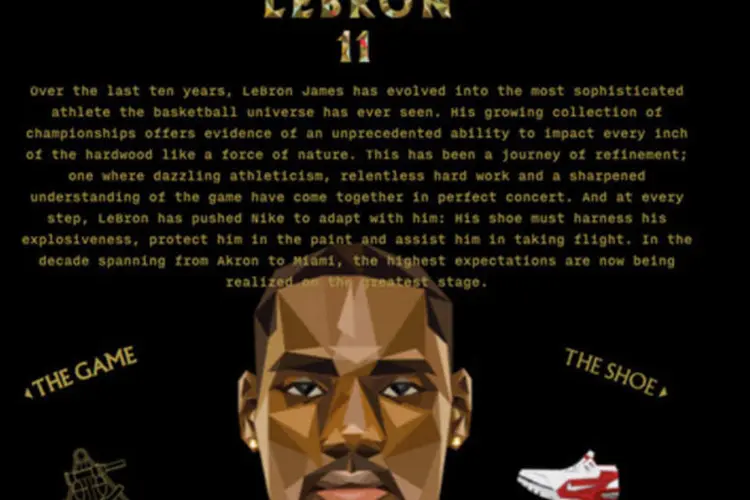 Site da Nike para Lebron James: ele contém retrospectiva de sua trajetória, na forma de infográficos que destacam suas conquistas e estatísticas (Reprodução)