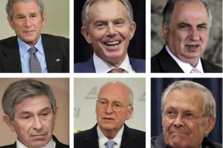 (A partir do topo, em sentido horário) George W. Bush, Tony Blair, Ahmed Chalabi, Donald Rumsfeld, Dick Cheney e Paul Wolfowitz
 (AFP)