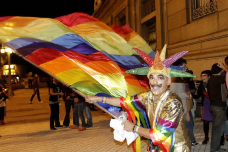 Homem comemora do lado fora do prédio do Congresso do Uruguai após a aprovação da lei que permite o casamento entre pessoas do mesmo sexo  (REUTERS / Andres Stapff)