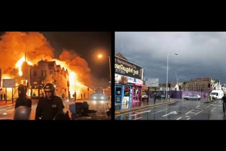 Foto mostra autoridades tentando apagar as chamas em Croydon em 2011 e outra fotografia mostra mesmo local, um ano após o vandalismo (Getty Images)