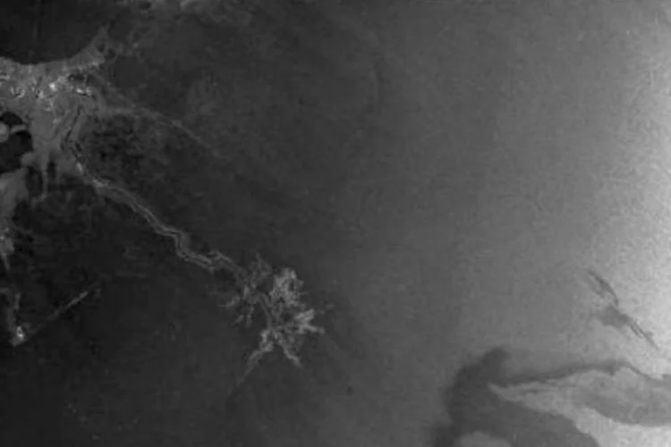 Mancha de petróleo aparece à direita, em cinza, nesta imagem de radar (.)