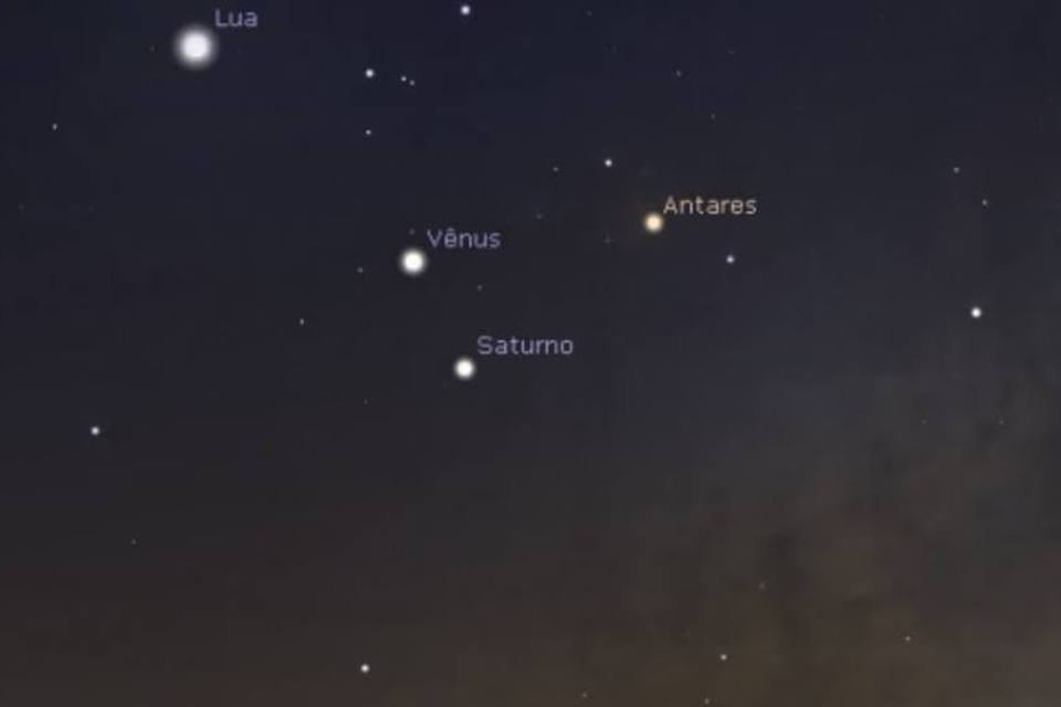 
	Diagrama mostra como ser&aacute; o encontro de V&ecirc;nus e Saturno nas proximidades de Antares
 (Reprodução Stellarium/Observatório Nacional)