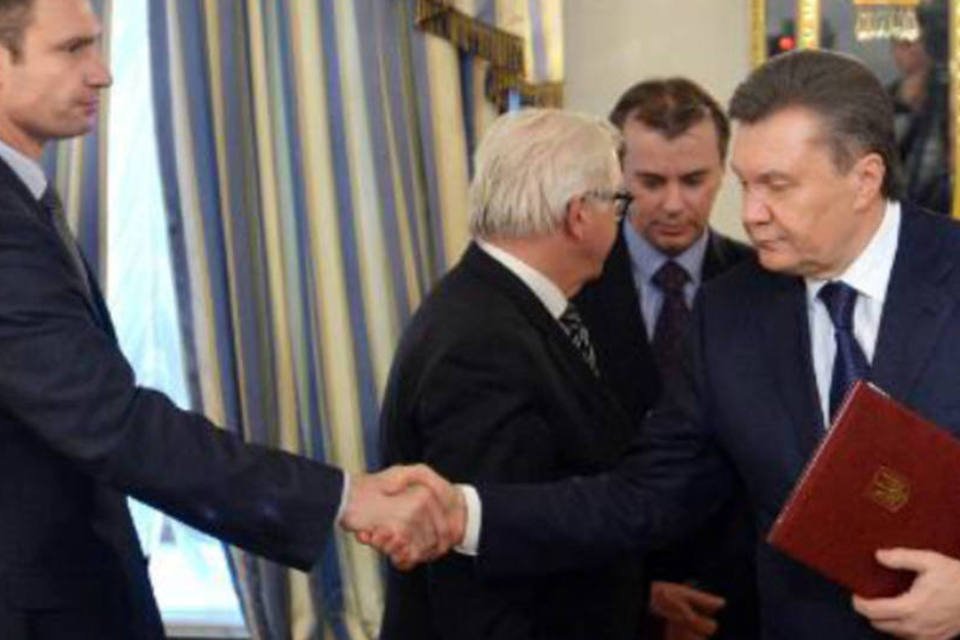 
	Presidente da Ucr&acirc;nia, Victor Yanukovytch, em Kiev: nos confrontos que aconteceram na semana passada em Kiev morreram 82 pessoas e mais de 600 ficaram feridas
 (AFP)