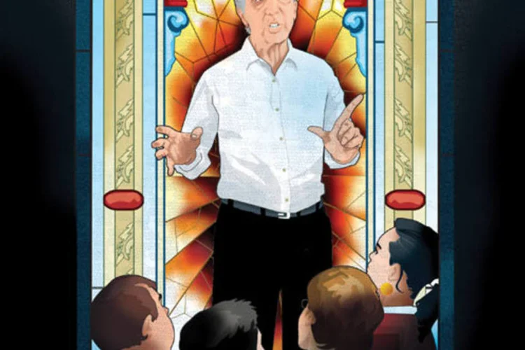 Ilustração - Abilio Diniz em frente a vitrais (Marcos Müller/EXAME.com)