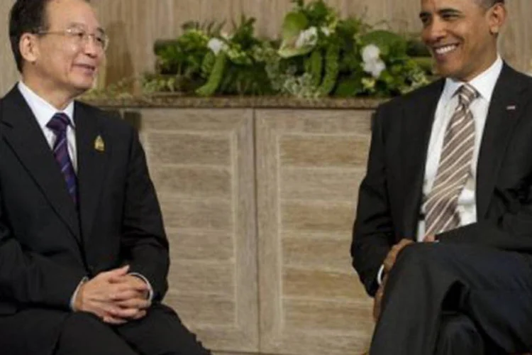 
	Wen e Obama: eles n&atilde;o responderam as perguntas dos jornalistas sobre as disputas no Mar da China Meridional
 (Saul Loeb/AFP)
