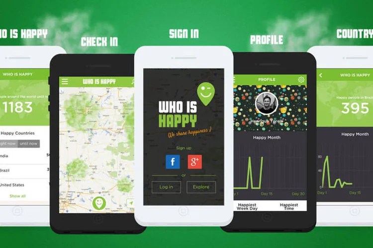 
	Who Is Happy: usu&aacute;rios que logam de forma an&ocirc;nima com sua localiza&ccedil;&atilde;o veem uma nuvem verde aparecer no mapa do aplicativo
 (Divulgação)