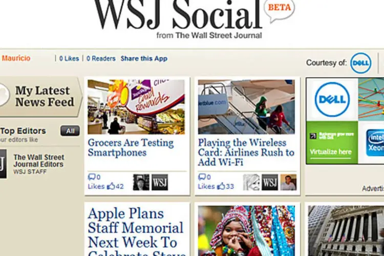 O Wall Street Journal Social mostra primeiro as notícias que os amigos e os editores escolhidos pelo usuário curtiram (Reprodução)