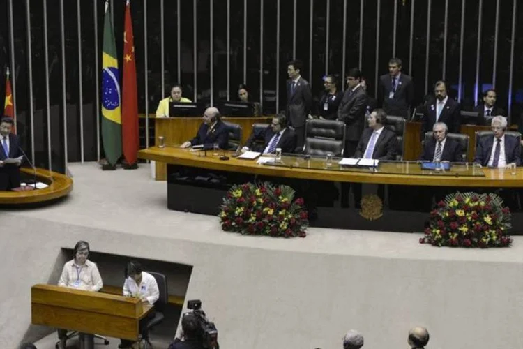 Xi Jinping em sessão no Congresso Nacional: ele defendeu um sistema de governança mundial na internet (Valter Campanato/Agência Brasil)