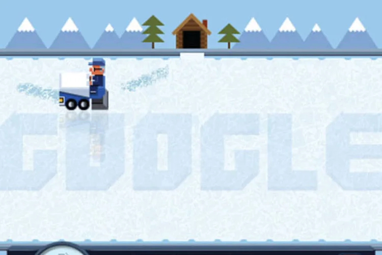 Doodle do dia é um jogo interativo no qual o usuário deve eliminar imperfeições em pista de patinação com um nivelador de gelo, criação de Frank Zamboni (Reprodução/Exame.com)