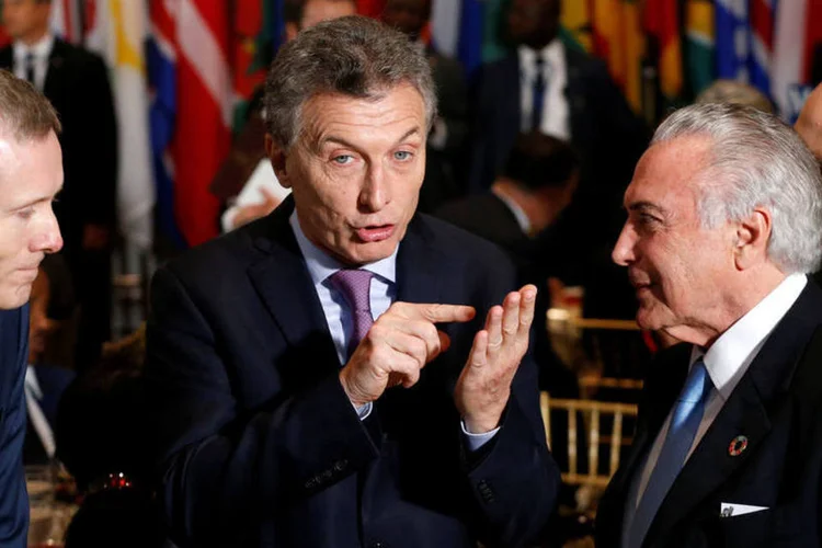 
	Macri e Temer: visita de Temer gerou a convoca&ccedil;&atilde;o de manifesta&ccedil;&otilde;es por parte de grupos sociais e sindicatos de esquerda
 (Lucas Jackson / Reuters)