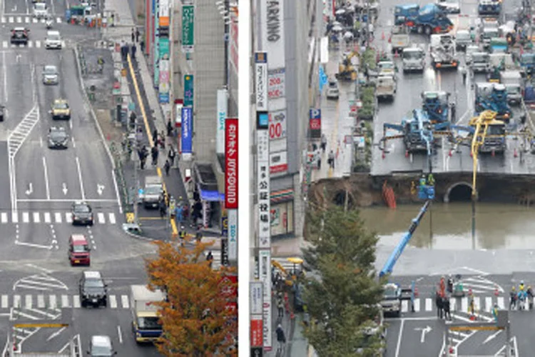 Fukuoka: o buraco chegou a cerca de 20 metros de largura e 15 de comprimento (JIJI PRESS/Getty Images)