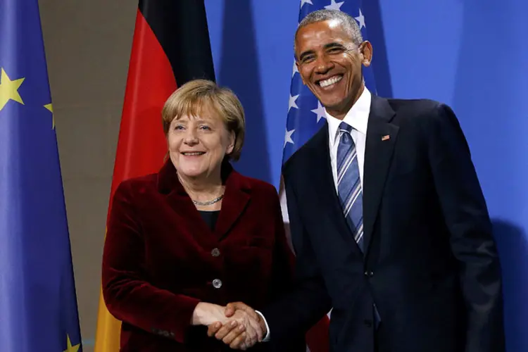 Merkel e Obama: "Se eu fosse daqui, se fosse alemão, seria seu simpatizante e lhe daria o meu voto" (Fabrizio Bensch/Reuters)