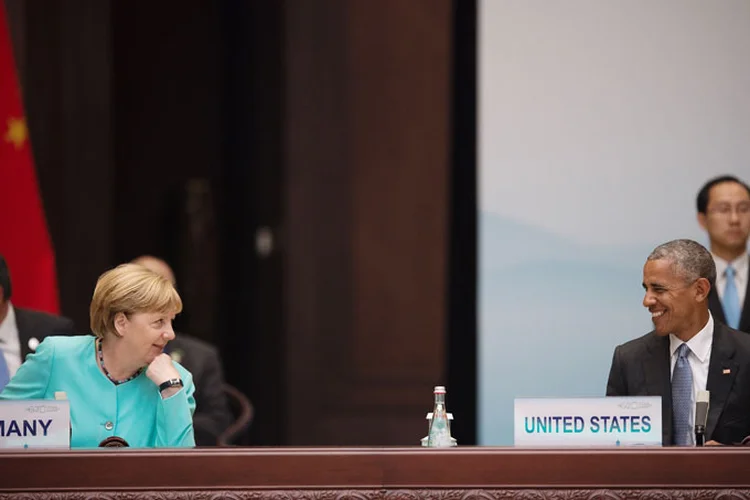 Obama e Merkel em setembro: a este encontro se seguirá amanhã uma reunião oficial na chancelaria, seguida de um jantar de trabalho (Nicolas Asfouri/Getty Images)