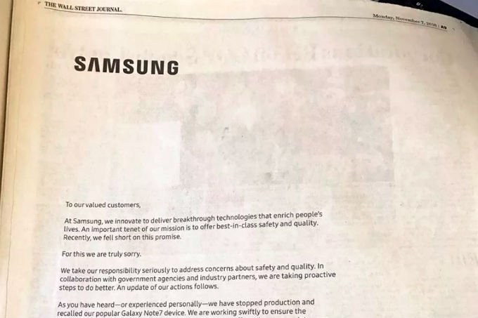 Samsung publica anúncio de desculpas por falha do Galaxy Note 7