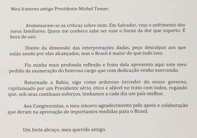 Carta de demissão: Geddel decidiu sair do governo depois de denúncia feita pelo ex-ministro Marcelo Calero