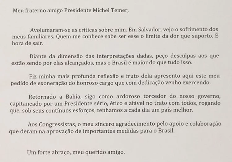 Carta de demissão: Geddel decidiu sair do governo depois de denúncia feita pelo ex-ministro Marcelo Calero