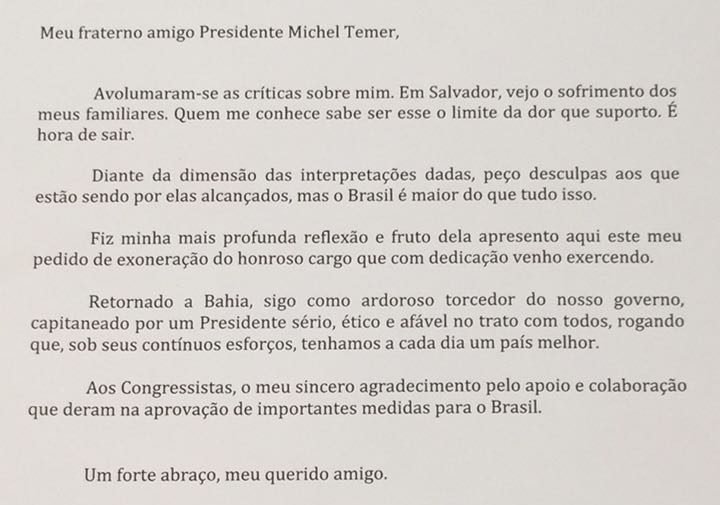 Veja a íntegra da carta de demissão de Geddel