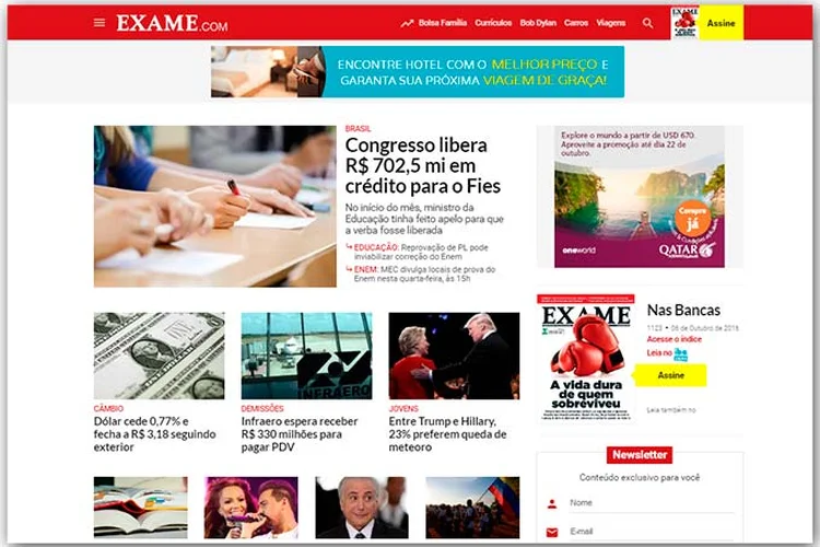 Página inicial do site EXAME.com em 18/out/2016