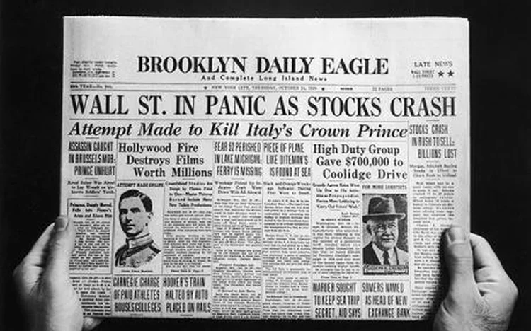 Wall Street Crash...The front page of the Brooklyn Daily Eagle newspaper with the headline 'Wall St. In Panic As Stocks Crash', published on the day of the initial Wall Street Crash of 'Black Thursday', 24th October 1929. (Photo by FPG/Hulton Archive/Getty Images)