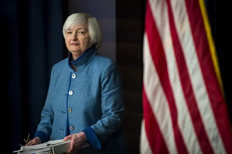 Janet Yellen, presidente do Federal Reserve, na coletiva de imprensa de 14/12 (Pete Marovich/Bloomberg)