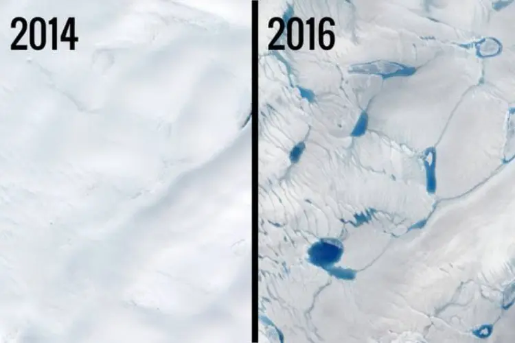 Derretimento de gelo na Groenlândia: imagens da NASA revelaram os efeitos das mudanças climáticas e da urbanização no planeta (NASA/Reprodução)